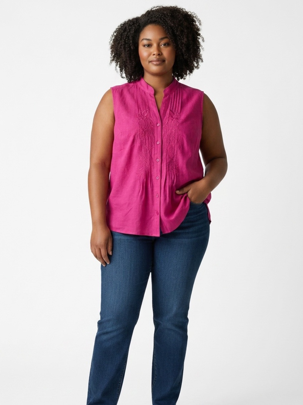 ECOLOGIE plus size  Pink Sleeveless linen  Button-Front Embroidered Top size 2x